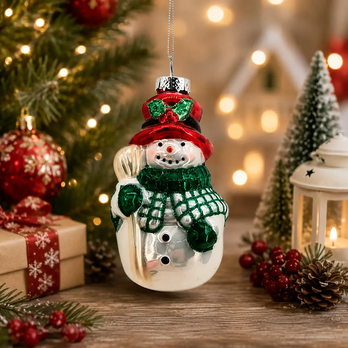 Glass snowman Christmas ornament holiday scene