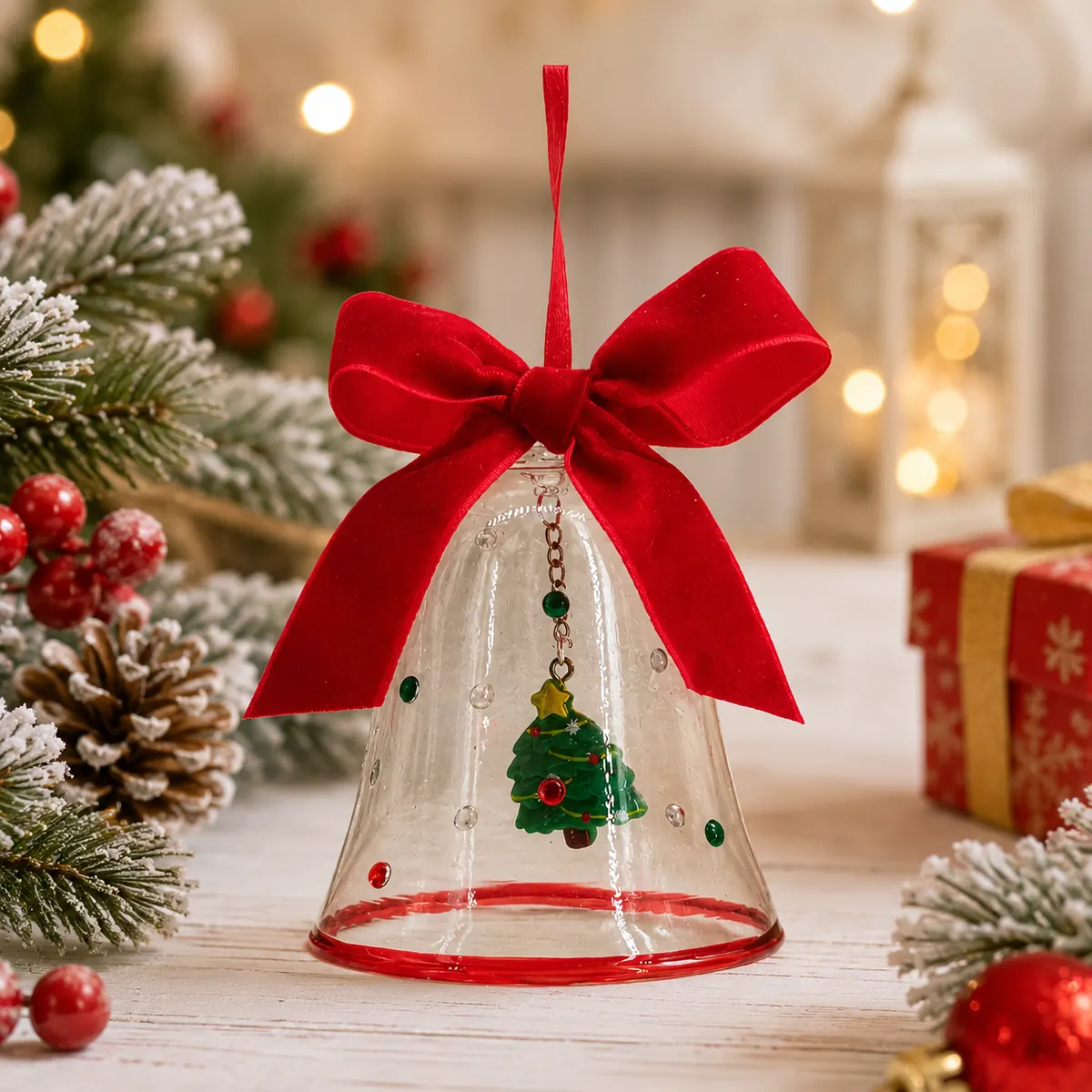 Glass Christmas bell hanging ornament with bow