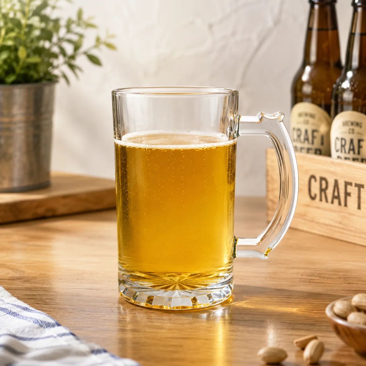Clear glass beer mug for beverage service