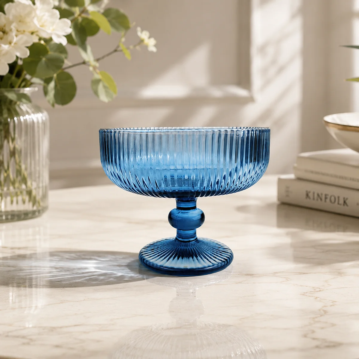 Blue pedestal dessert glass bowl retail display