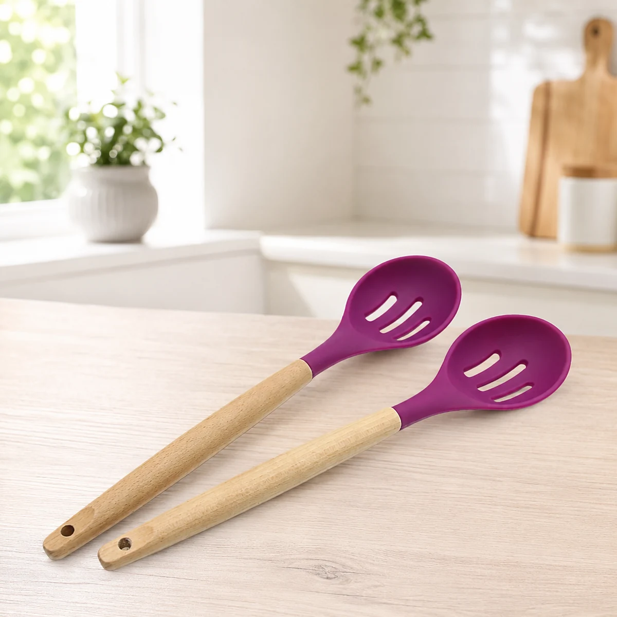 Silicone slotted spoons with wooden handle