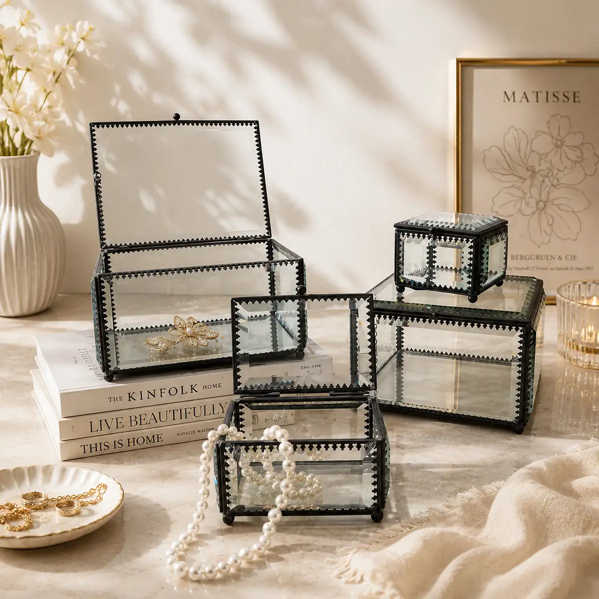 Vintage glass jewelry storage box set display