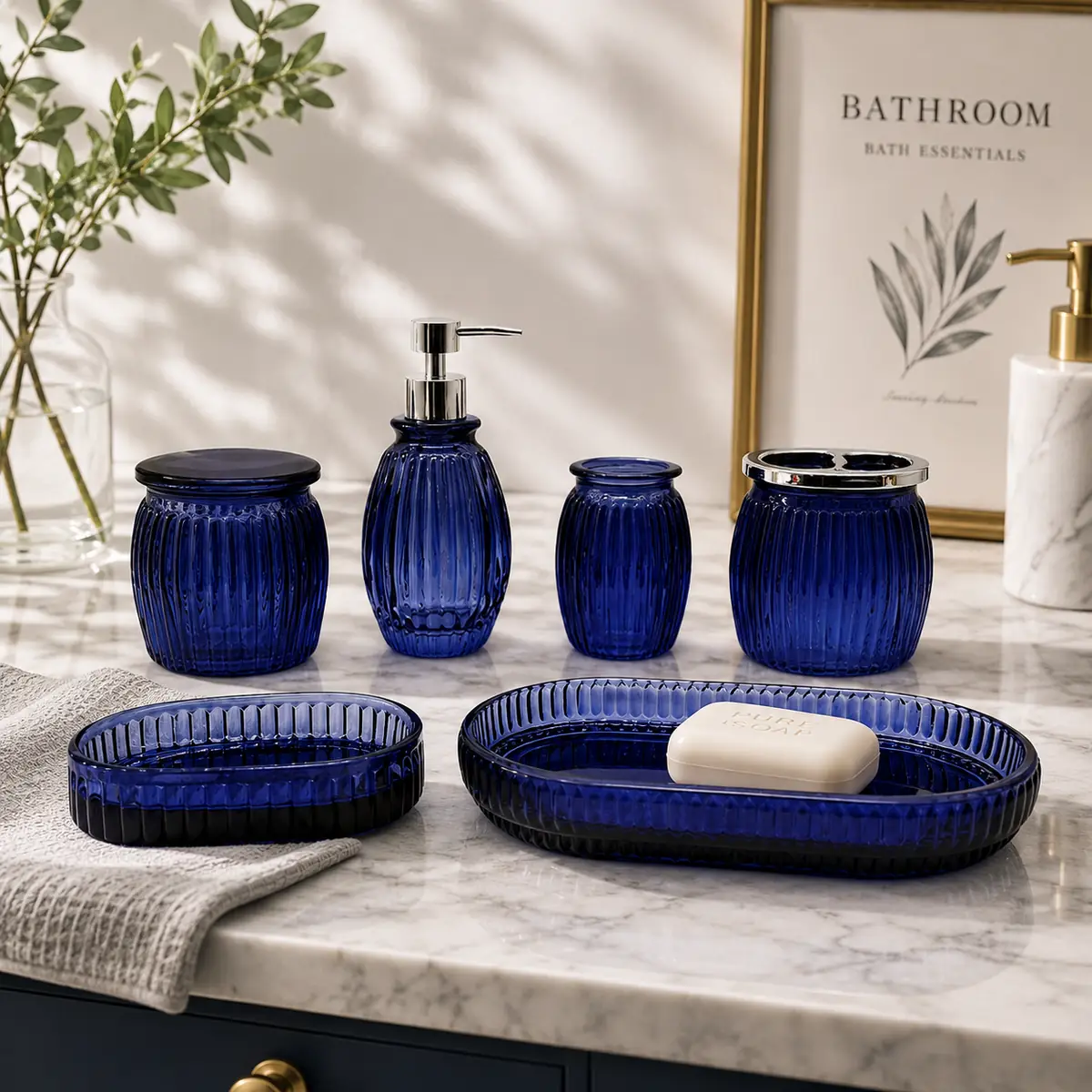 Blue textured glass bathroom set vanity display
