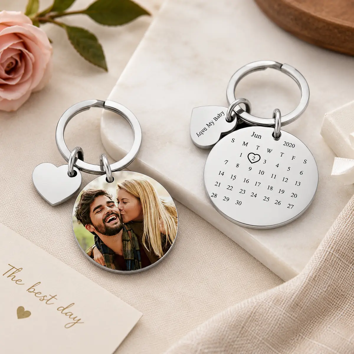 Personalisierter Fotokalender-Schlüsselanhänger als Hochzeitsgeschenkset