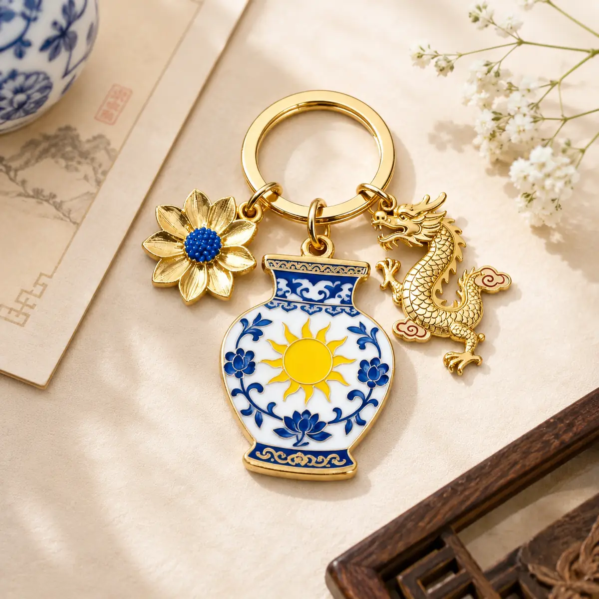 Oriental porcelain dragon keychain gift display