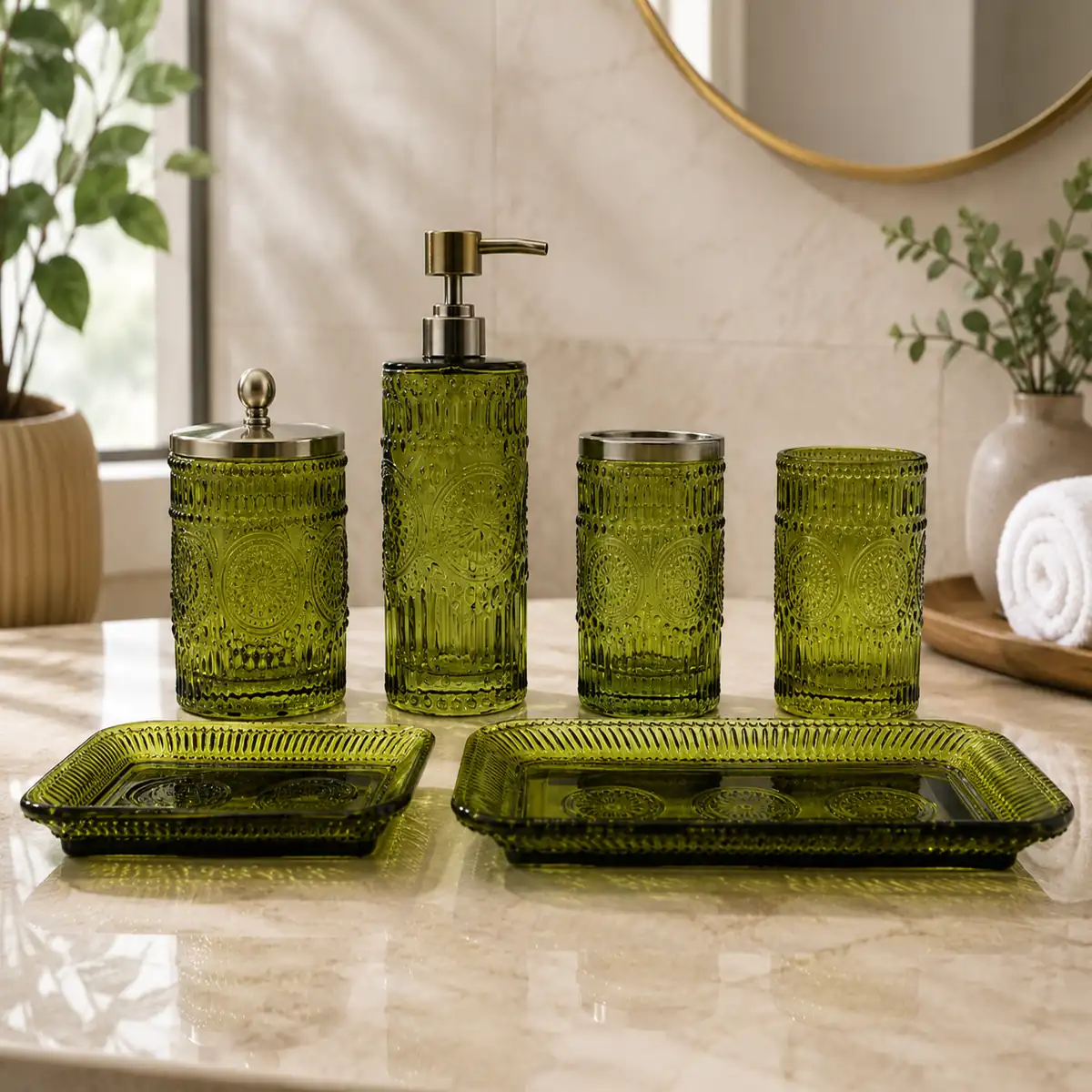 Ensemble d'accessoires de salle de bain en verre vert olive pour coiffeuse
