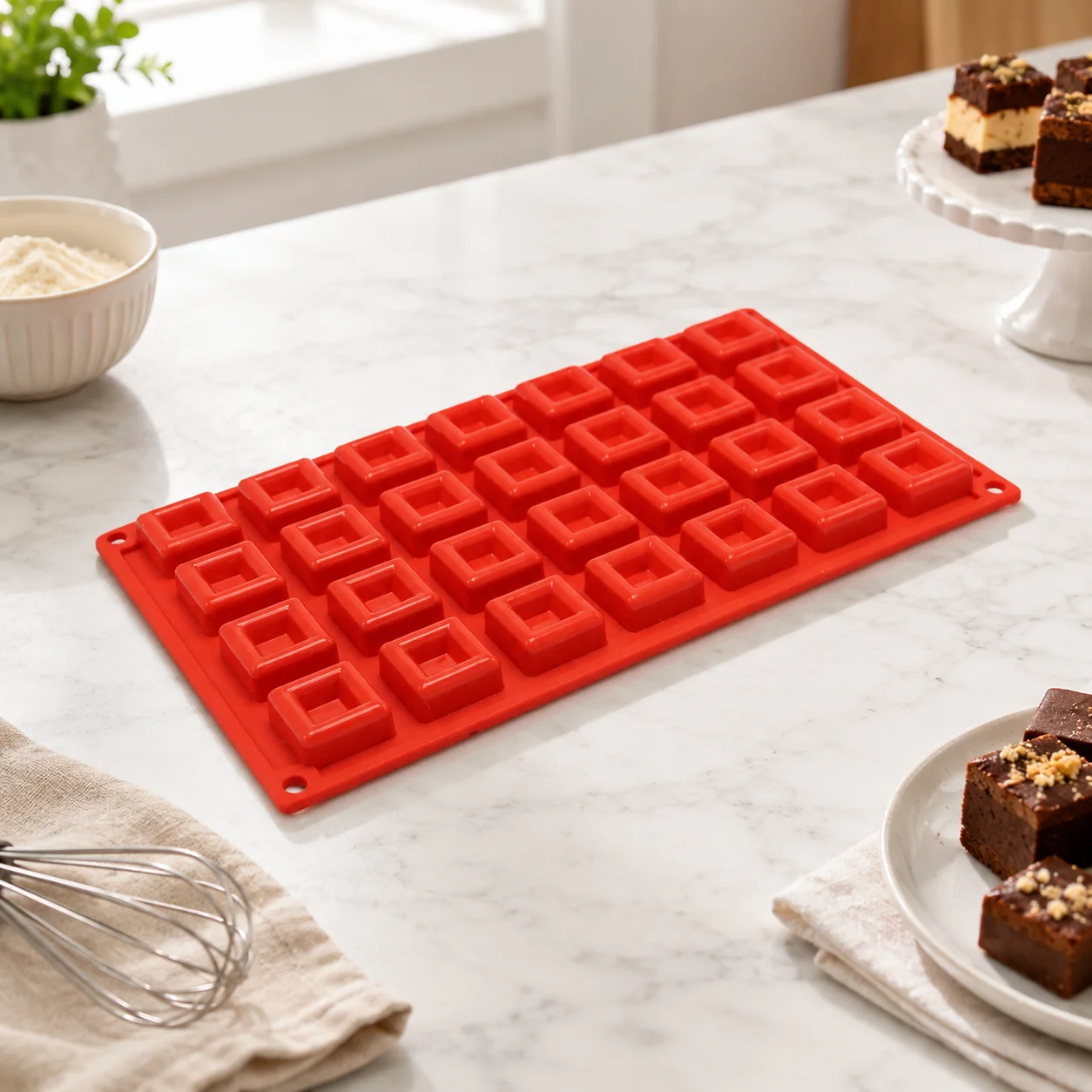 Moule à chocolat en silicone rouge, scène de pâtisserie en cuisine