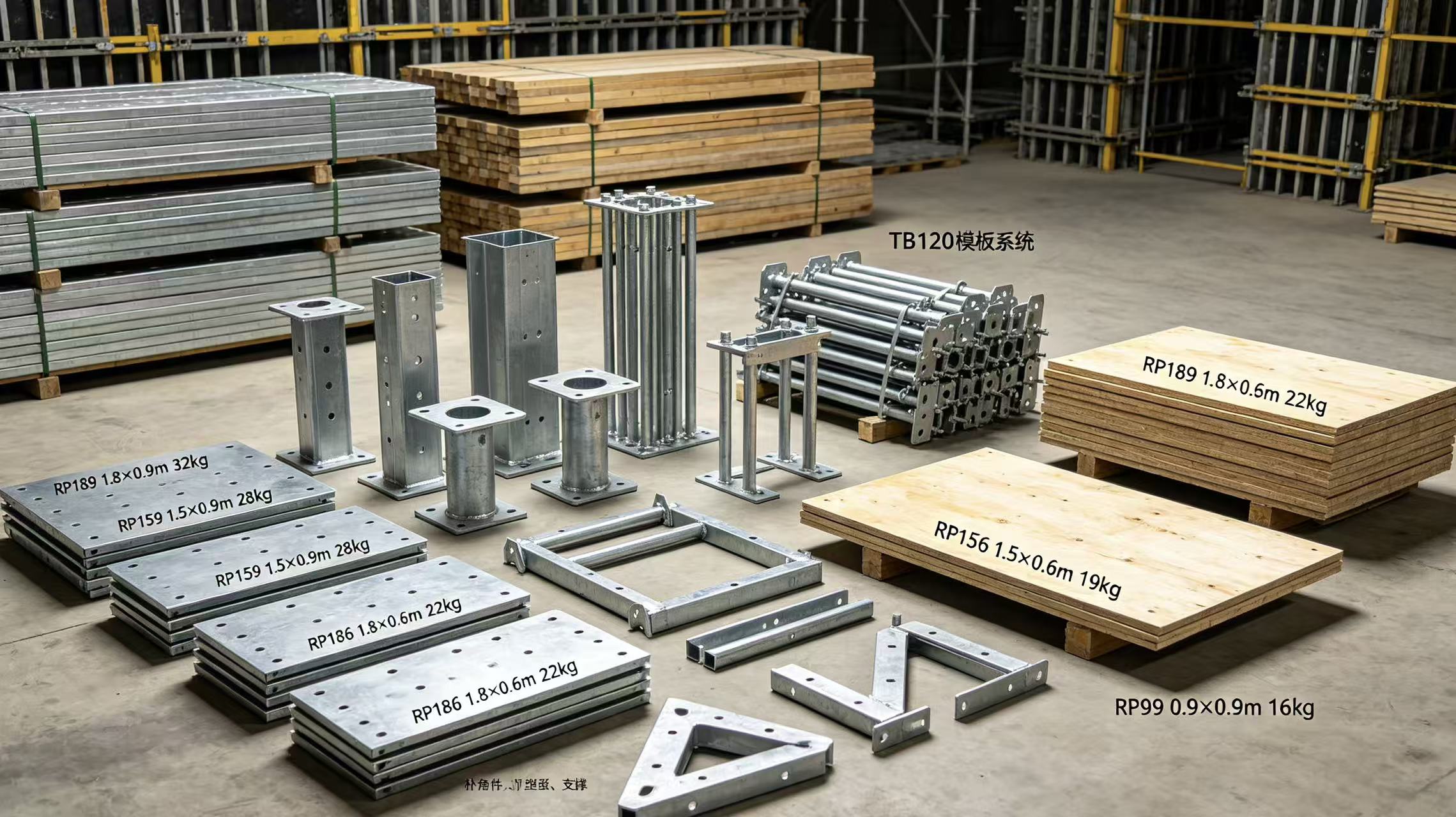 TB120 table formwork panels and accessories with size and weight specifications.jpg