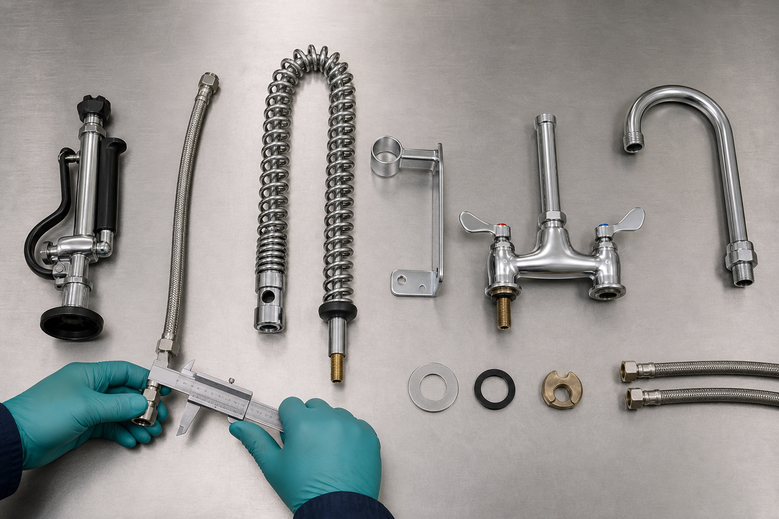 Buyer checks pre rinse faucet hose and spring