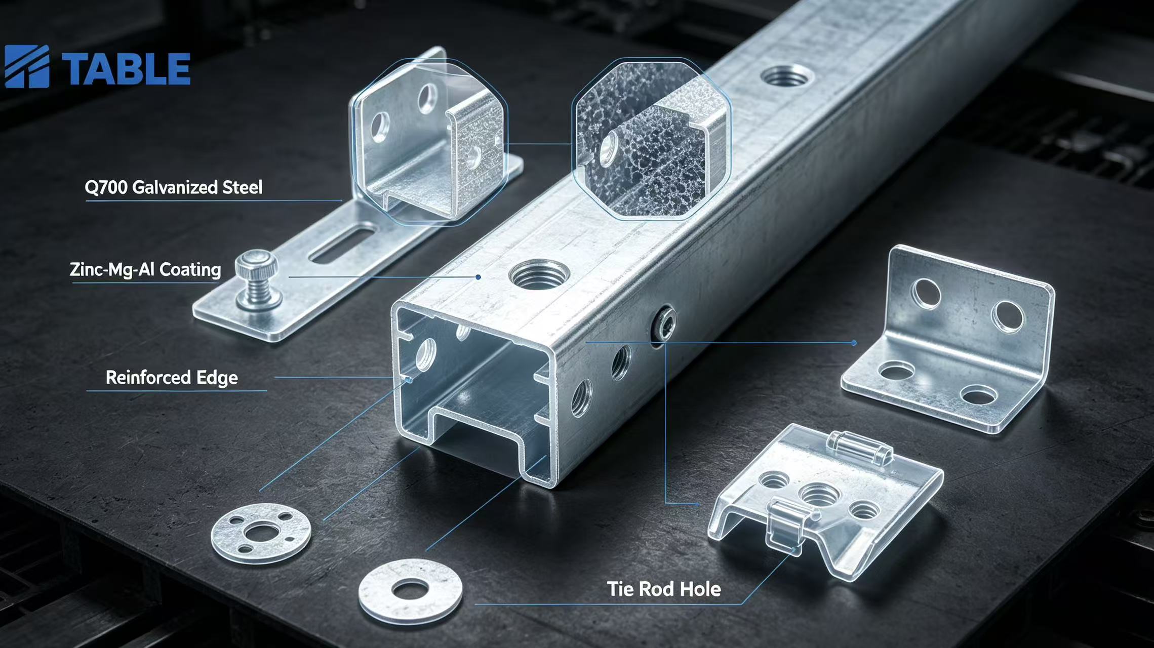 TABLE Modular Waler System full set of Q700 galvanized light steel accessories, C-channel keel, corner connectors, wall bolt plates and diagonal braces for formwork reinforcement.jpg