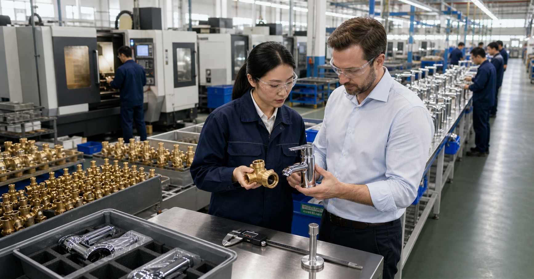 El comprador realiza una auditoría a la fábrica de grifos OEM con un ingeniero.
