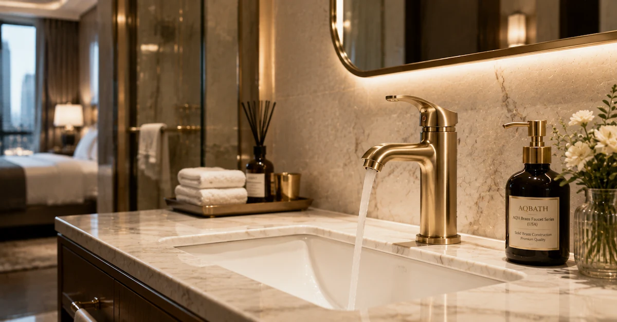 AQH brass faucet in hotel bathroom