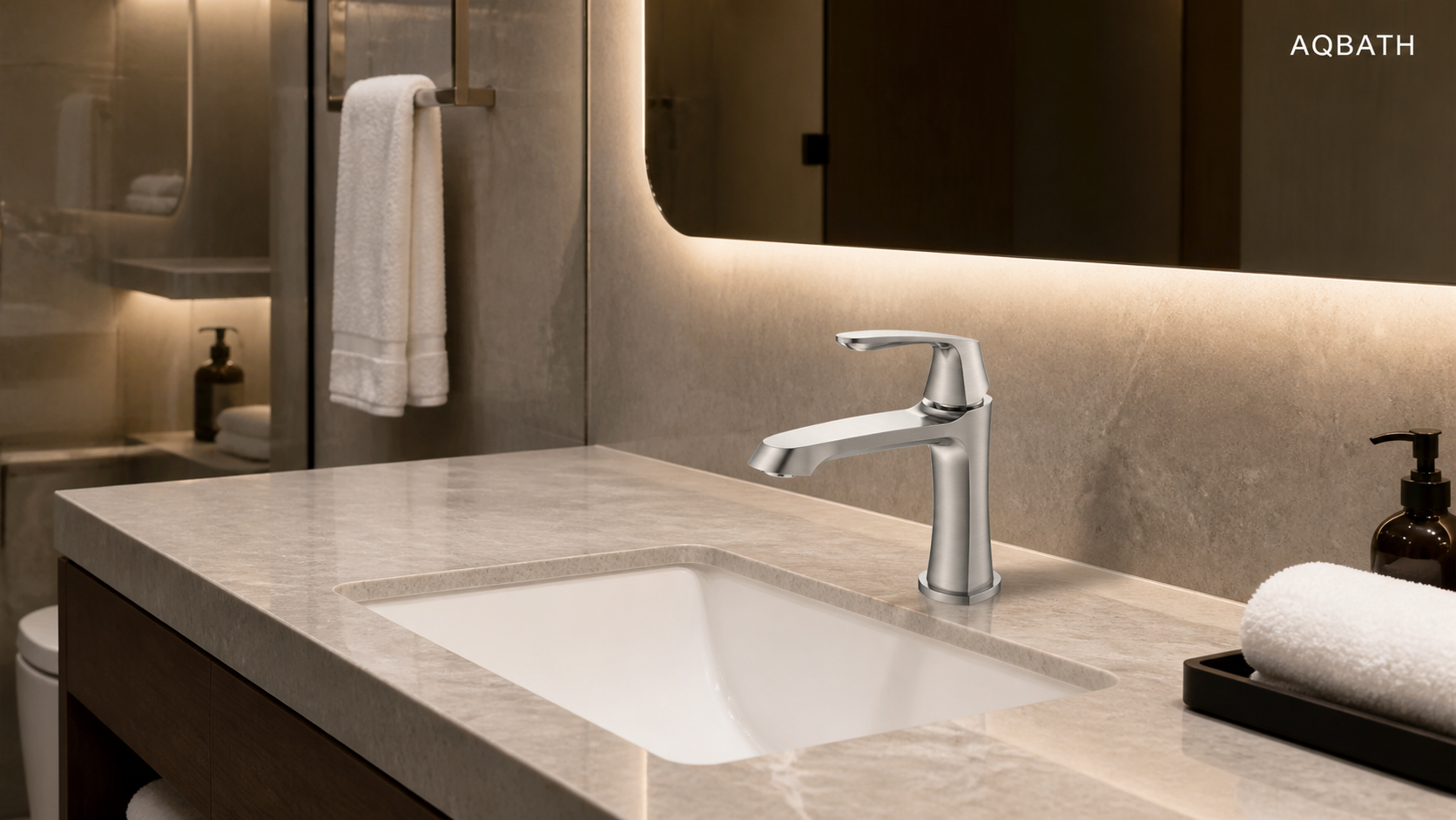 Bathroom faucet installed on an upscale hotel vanity for a hospitality sourcing project