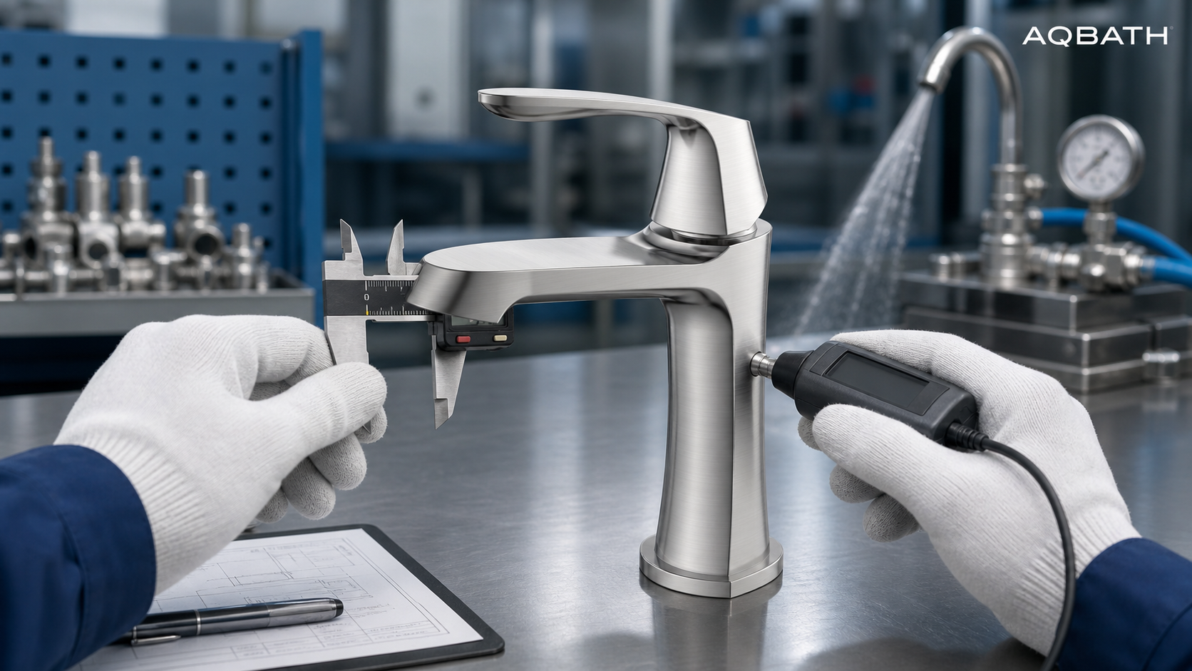Faucet quality inspection with dimensional and coating checks at a bathroom faucet manufacturer