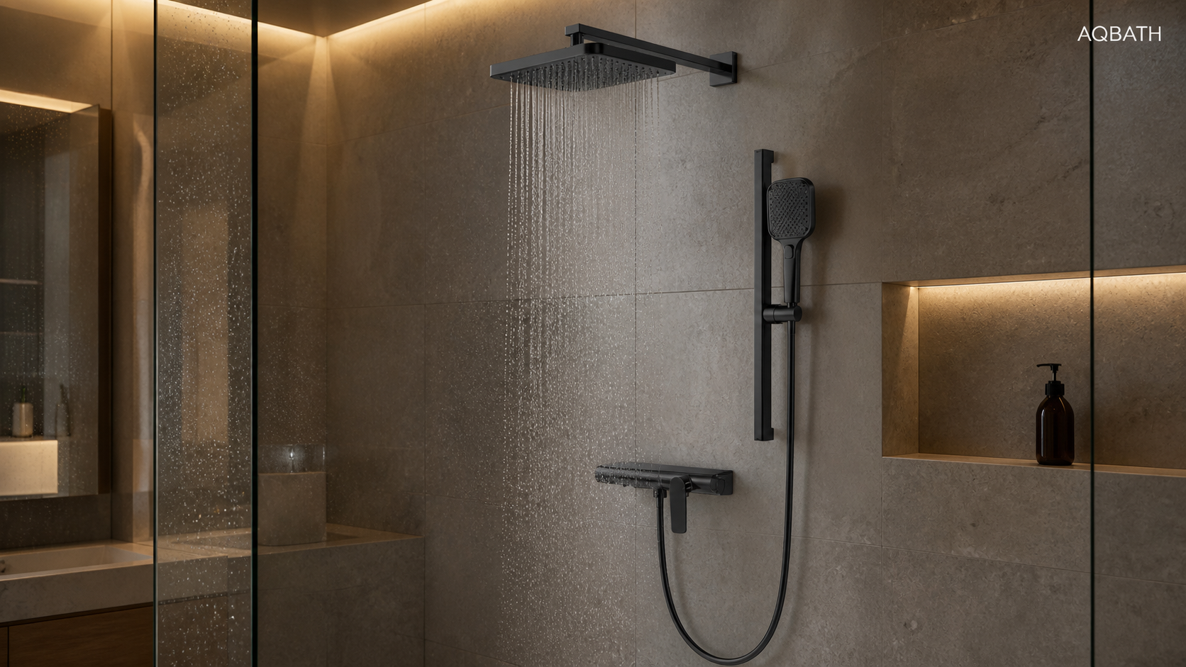 Dark-finish AQBATH shower system installed in an upscale hotel bathroom scene