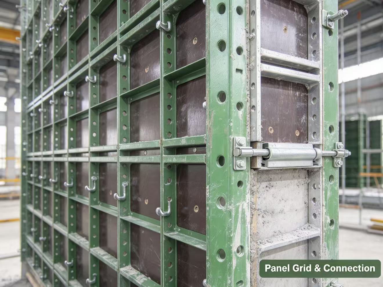 panel grid detail, modular steel frame connection holes and plywood facing for concrete shuttering.jpg