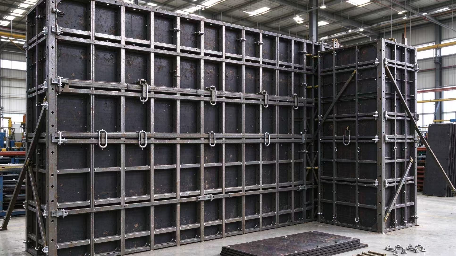 TB63 Series steel-ply wall formwork panels and wedge pin connectors laid out in workshop.jpg